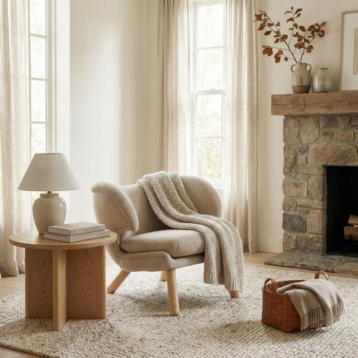 Noir Valerie Lounge Chair Natural, Parchment styled in an interior setting