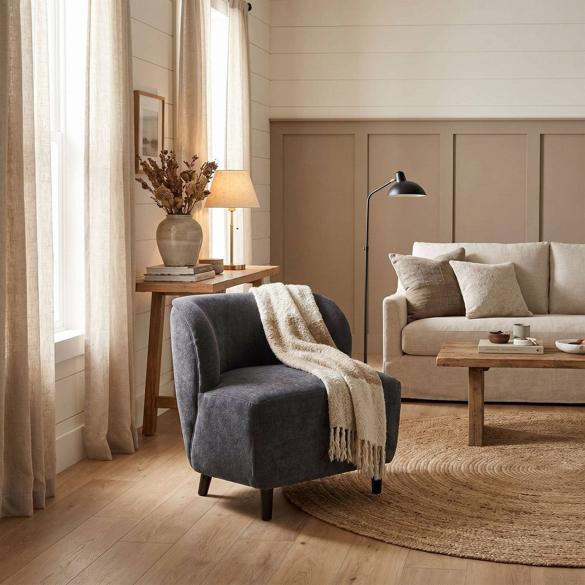 Noir Laffont Accent Chair Natural, Ocean Gray styled in an interior setting