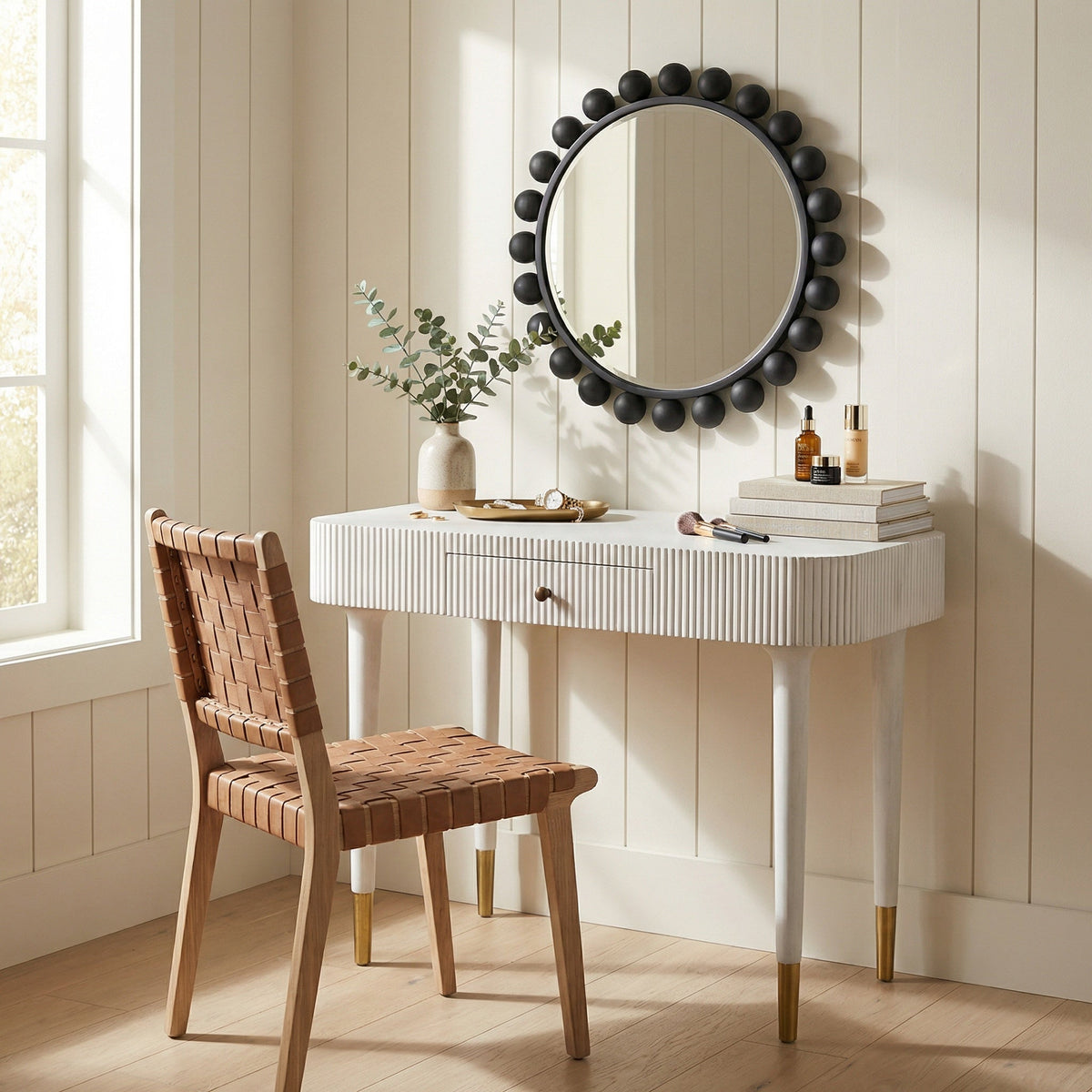 Noir Celine Desk Side Table White Wash styled in an interior setting