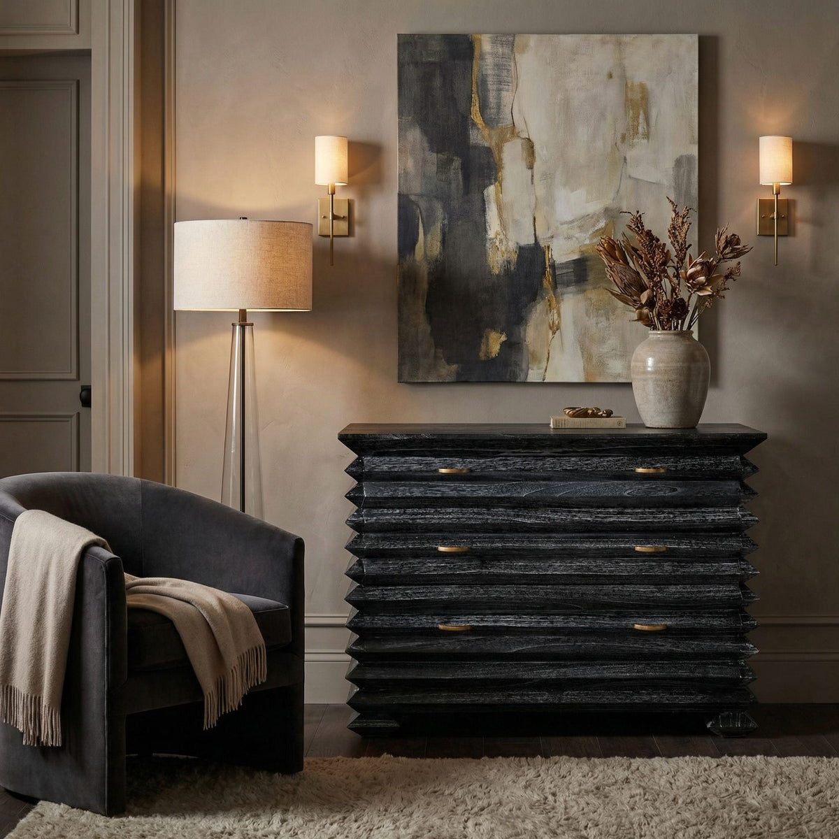 Noir Tiago Chest Cinder Black shown in a styled room setting