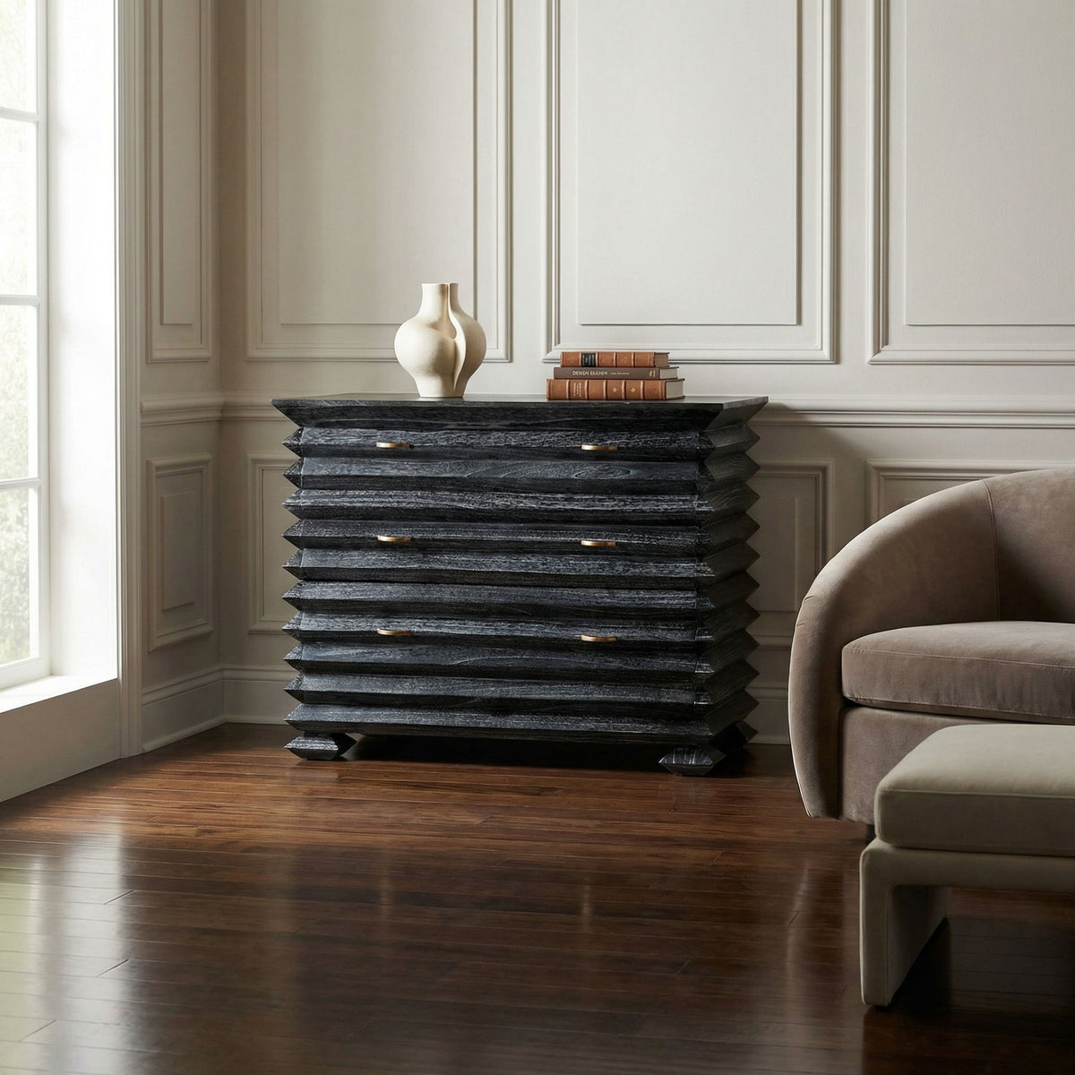 Noir Tiago Chest Cinder Black styled in an interior setting