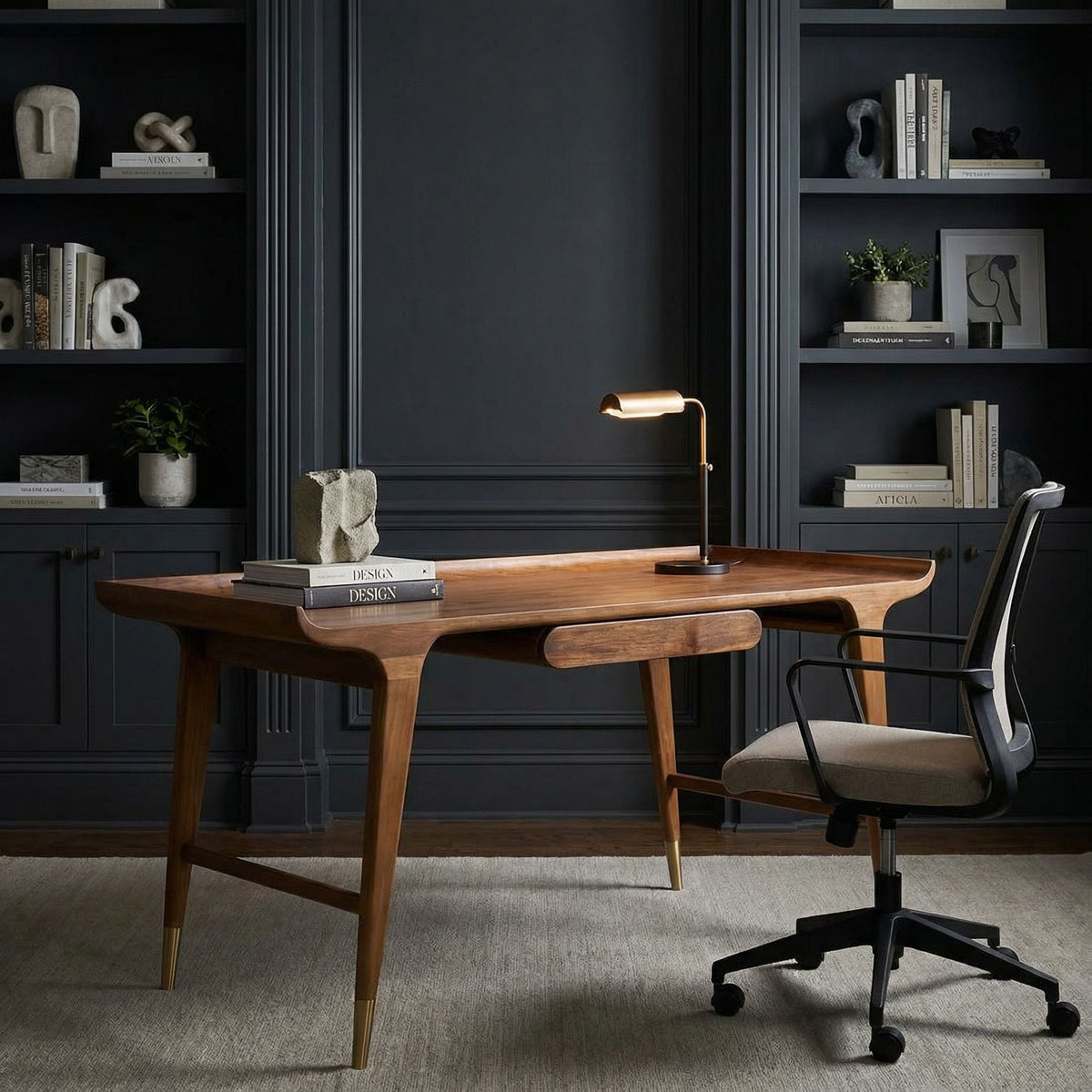 Noir Mandrake Desk Clear Coat Flat styled in an interior setting