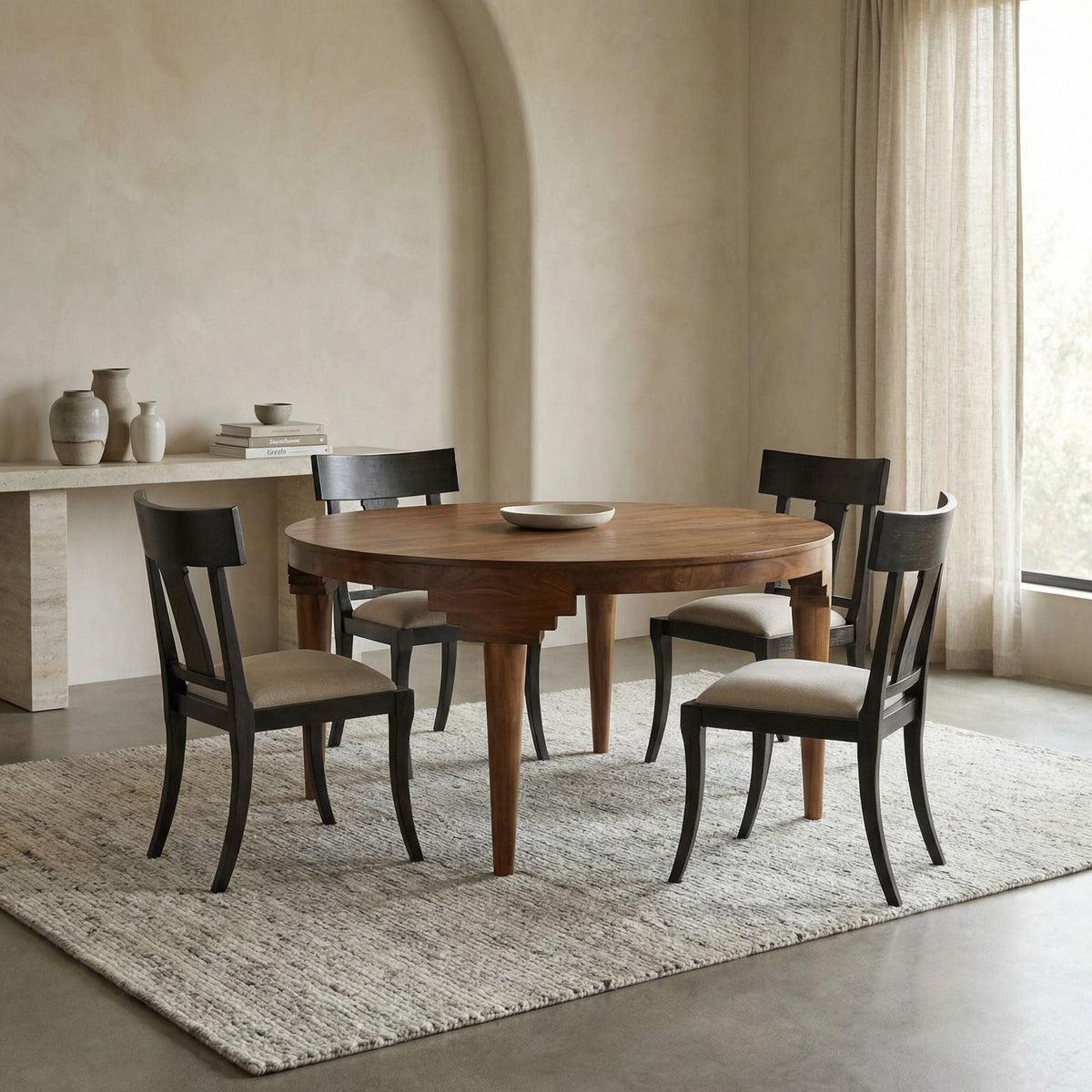 Noir Davis Dining Table Clear Coat Semi Gloss styled in an interior setting