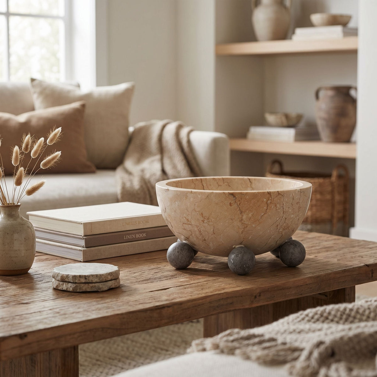 Noir Bala Bowl Tan, Gray styled in an interior setting