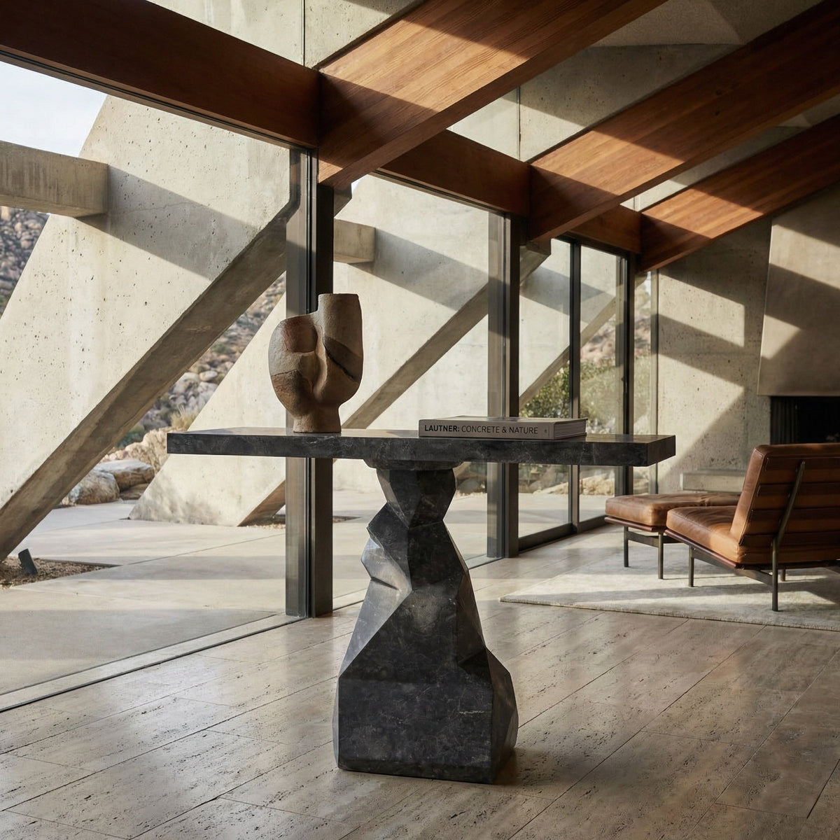 Noir Tilden Console Black Marble styled in an interior setting