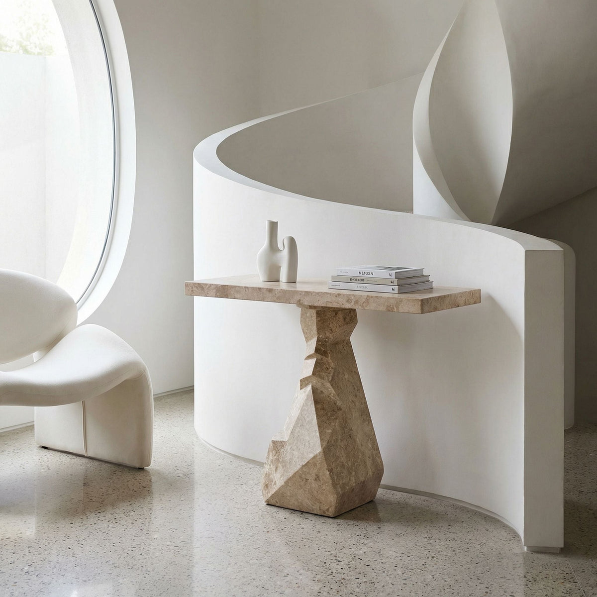 Noir Tilden Console White Marble styled in an interior setting