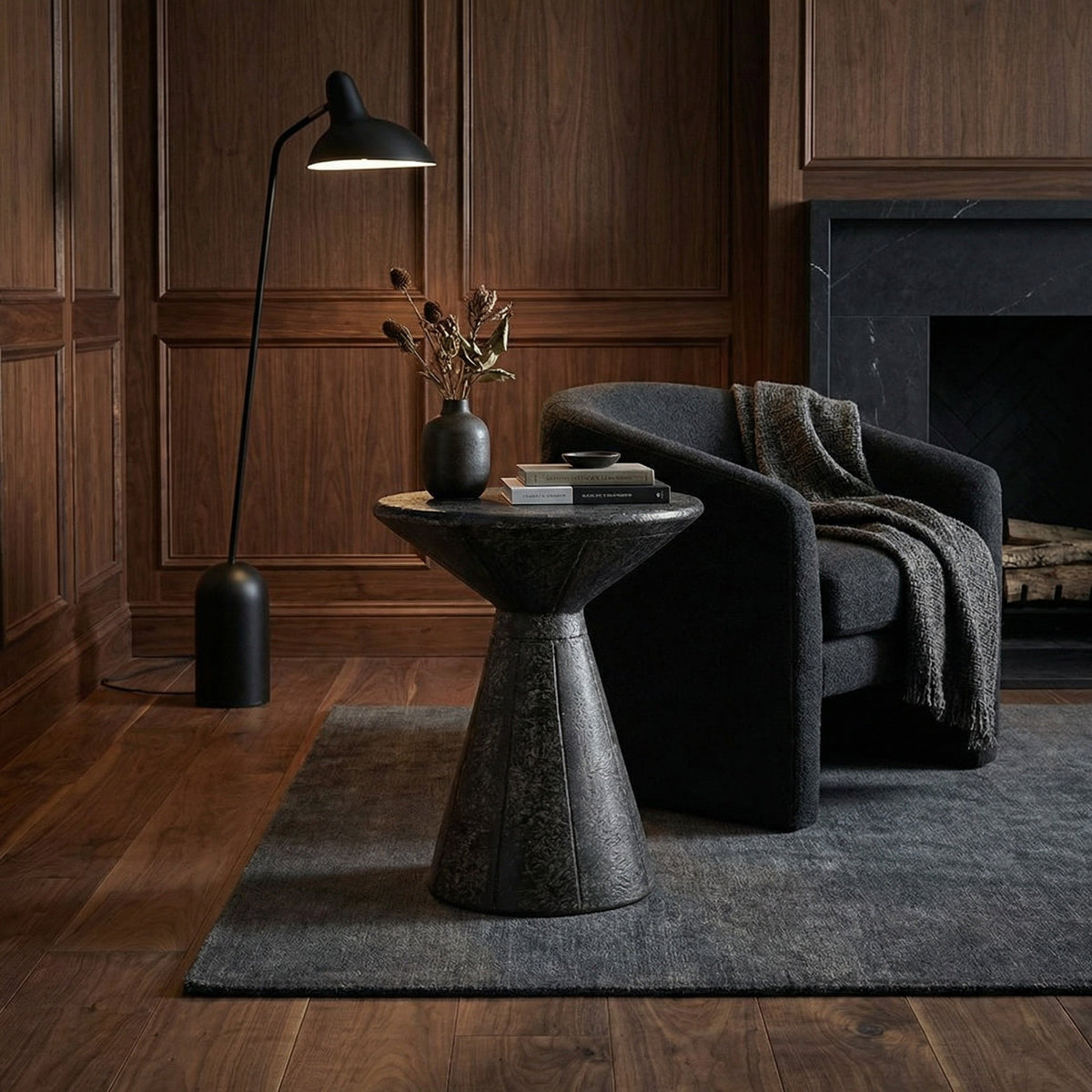 Noir Pedestal Side Table Black styled in an interior setting