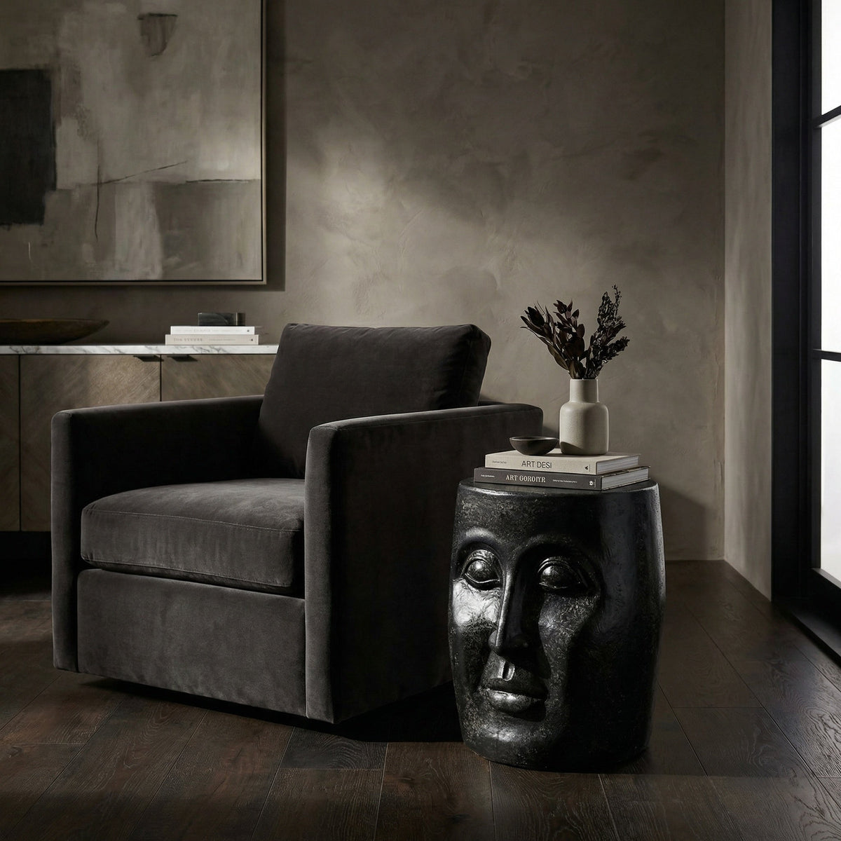Noir Head Side Table Black styled in an interior setting