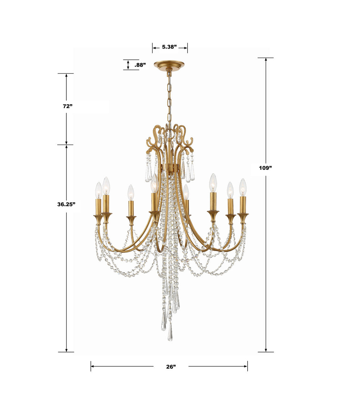 Arcadia Chandelier - Antique Gold, Hand Cut Crystal 36.25"H