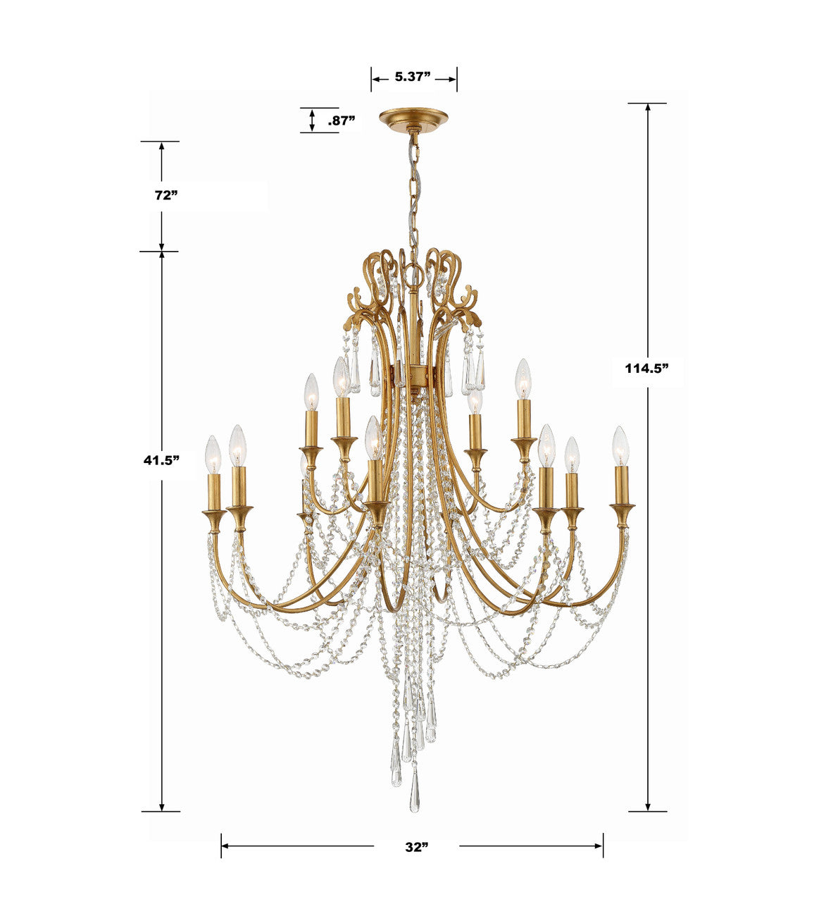 Arcadia Chandelier - Antique Gold, Hand Cut Crystal 41.5"H