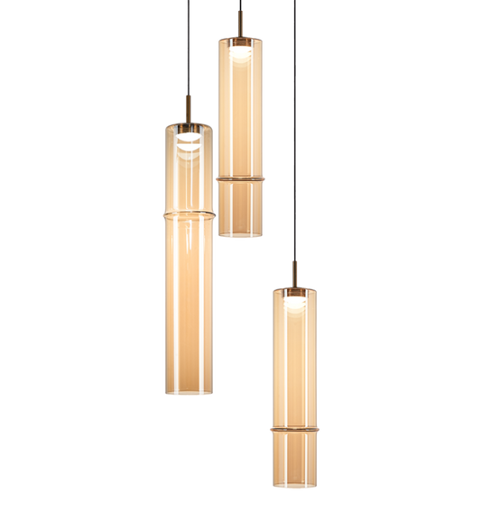 Matteo Lighting Bambu 3-Light LED Multi-Pendant in Aged Gold Brass + Amber Glass (C30603AGAM)