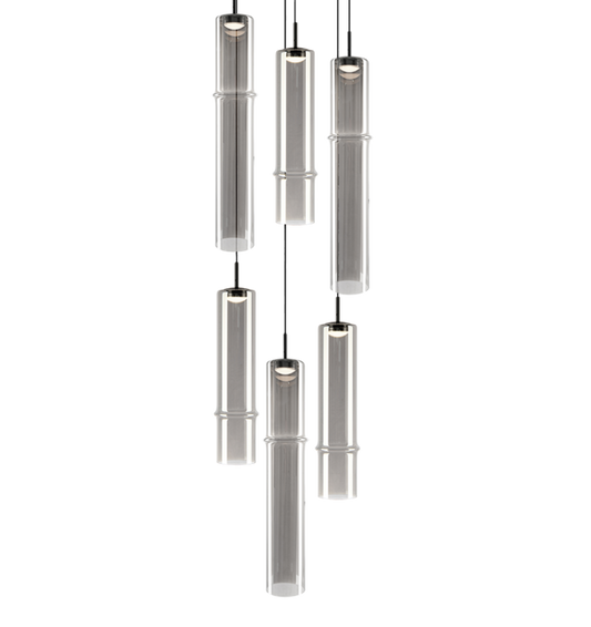 Matteo Lighting Bambu 6-Light LED Multi-Pendant in Matte Black + Smoked Glass (C30606MBSM)