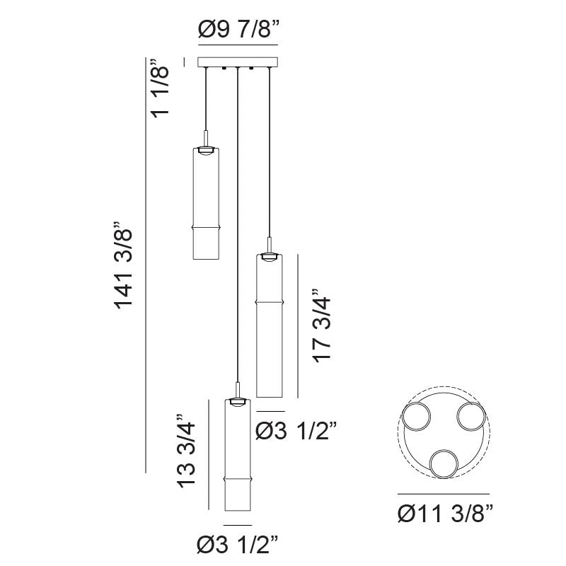 Matteo Lighting Bambu 3-Light LED Multi-Pendant – line drawing with dimensions