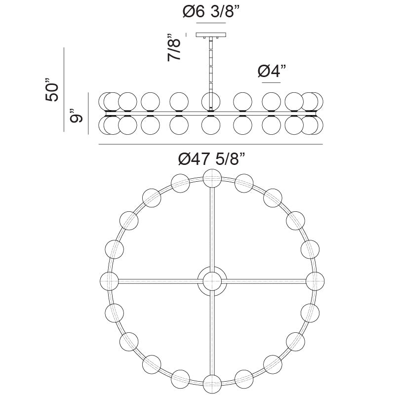 Matteo Lighting Nimbus 48" 40-Light Chandelier – line drawing with dimensions