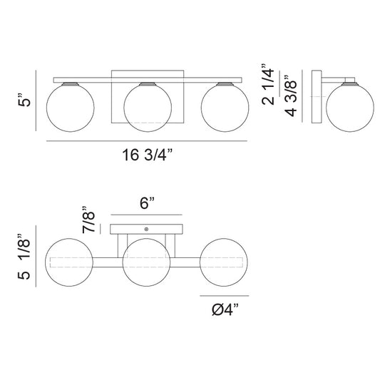 Matteo Lighting Nimbus 17" 3-Light Bath Vanity Light – line drawing with dimensions