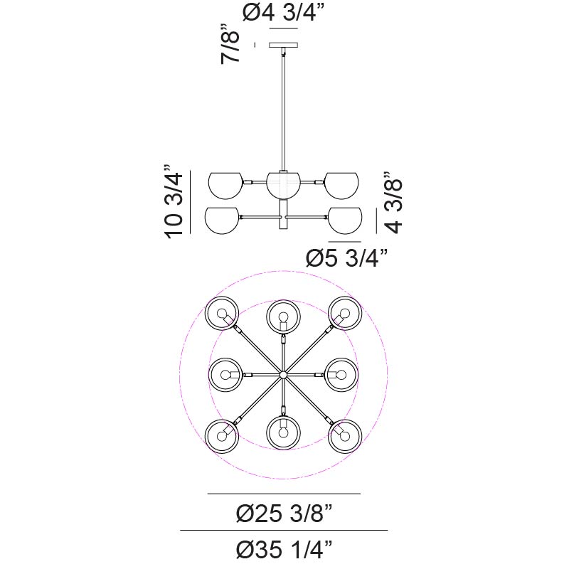 Matteo Lighting Orb 35" 8-Light Chandelier – line drawing with dimensions