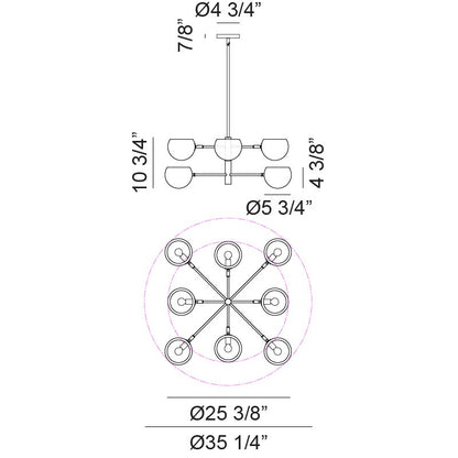 Matteo Lighting Orb 35" 8-Light Chandelier – line drawing with dimensions