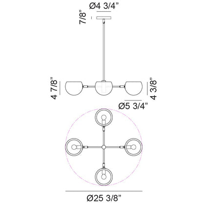 Matteo Lighting Orb 25" 4-Light Chandelier – line drawing with dimensions