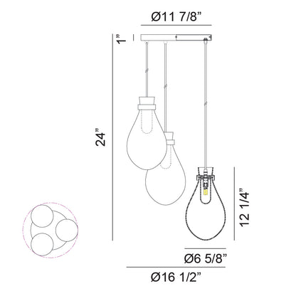 Matteo Lighting Seranna 17" 3-Light Pendant – line drawing with dimensions