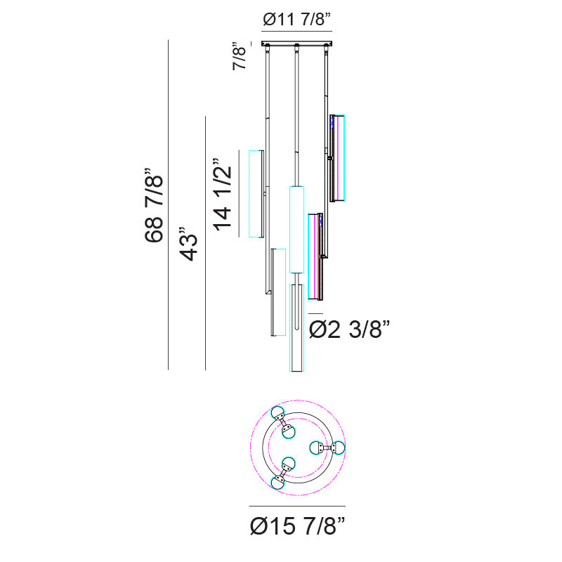Matteo Lighting Axis 16" 6-Light LED Chandelier – line drawing with dimensions