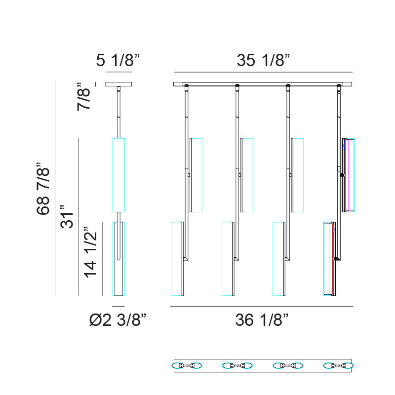 Matteo Lighting Axis 36" 8-Light Linear LED Chandelier – line drawing with dimensions