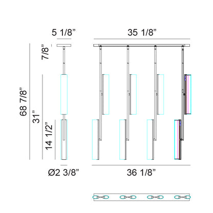 Matteo Lighting Axis 36" 8-Light Linear LED Chandelier – line drawing with dimensions