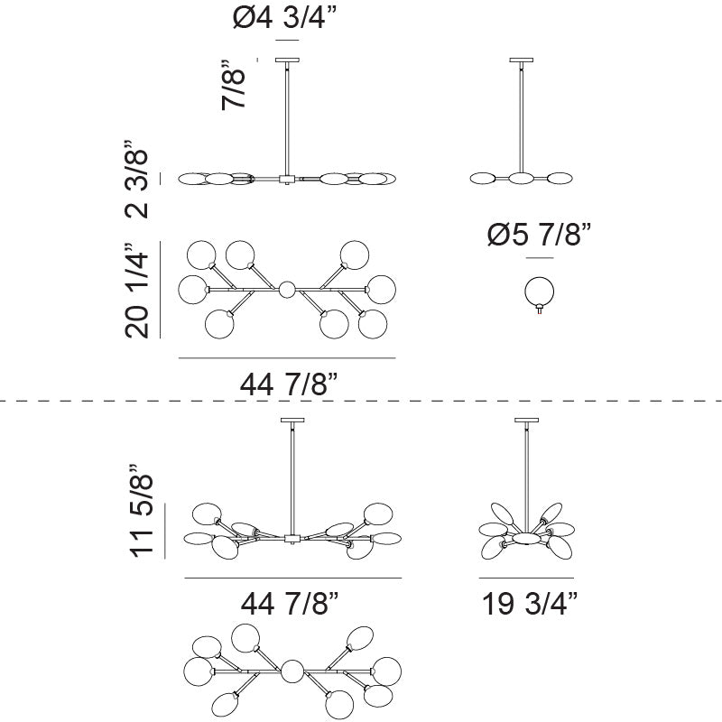 Matteo Lighting Peony 45" 8-Light Chandelier – line drawing with dimensions