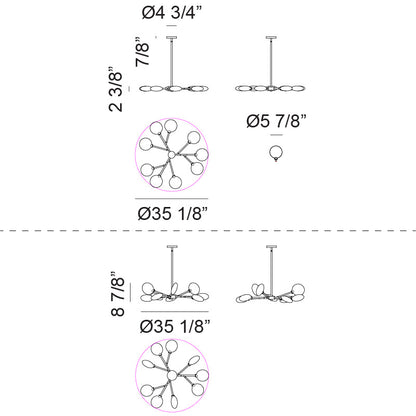 Matteo Lighting Peony 35" 9-Light Chandelier – line drawing with dimensions
