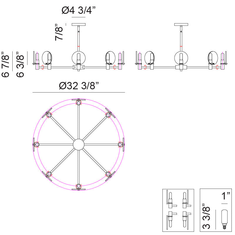 Matteo Lighting Cloudburst 32" 8-Light Chandelier – line drawing with dimensions
