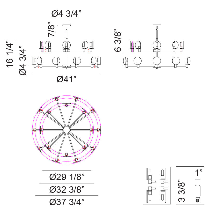 Matteo Lighting Cloudburst 41" 18-Light Chandelier – line drawing with dimensions