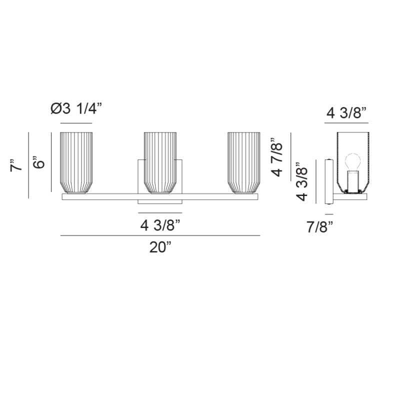 Matteo Lighting Westlock 20" 3-Light Bath Vanity Light – line drawing with dimensions