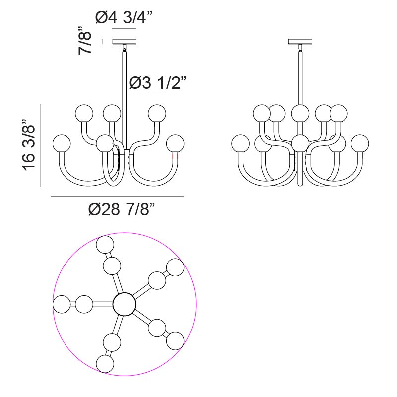 Matteo Lighting Joelle 29" 10-Light Chandelier – line drawing with dimensions