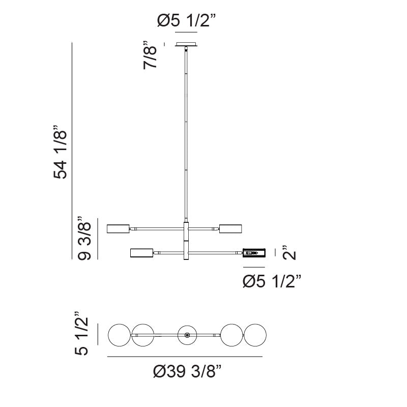 Matteo Lighting Weatherton 39" 4-Light Linear Chandelier – line drawing with dimensions
