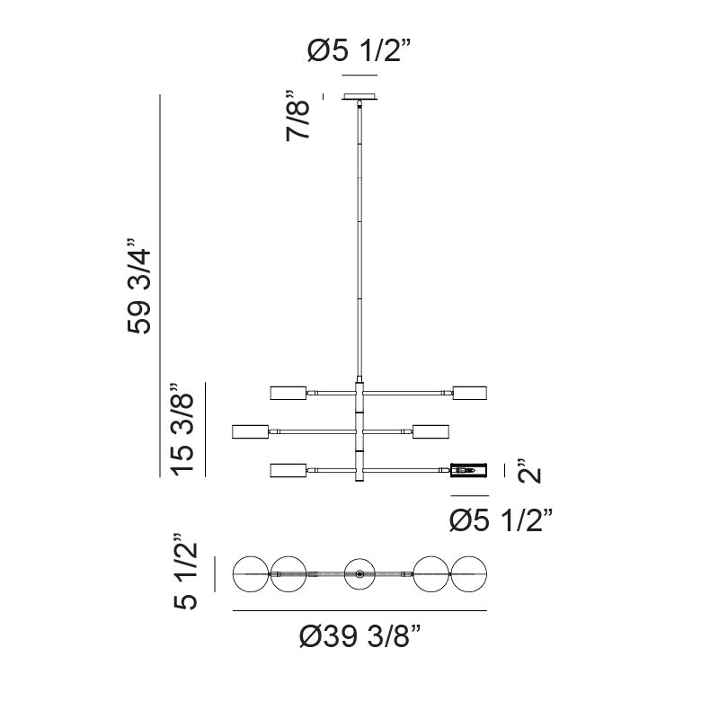 Matteo Lighting Weatherton 39" 6-Light Linear Chandelier – line drawing with dimensions