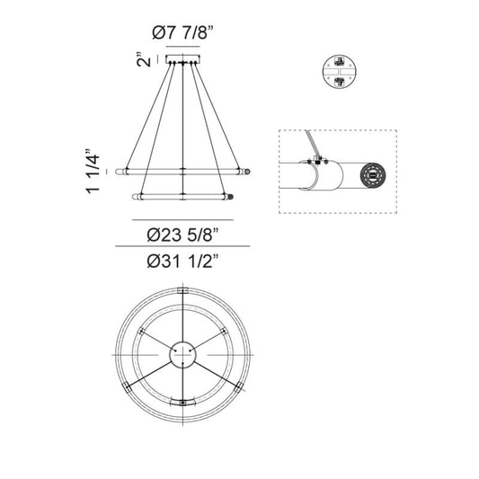 Matteo Lighting Inkara 32" 2-Ring LED Chandelier – line drawing with dimensions
