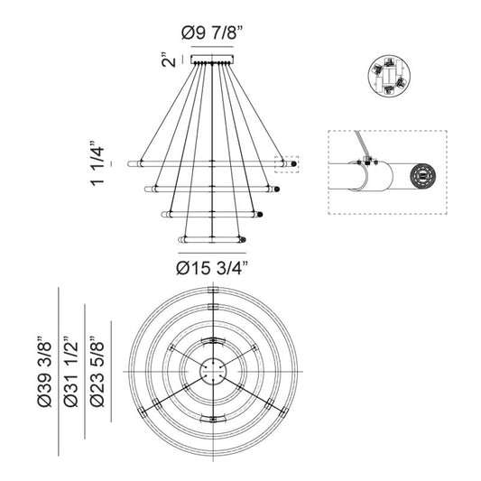 Matteo Lighting Inkara 39" 4-Ring LED Chandelier – line drawing with dimensions