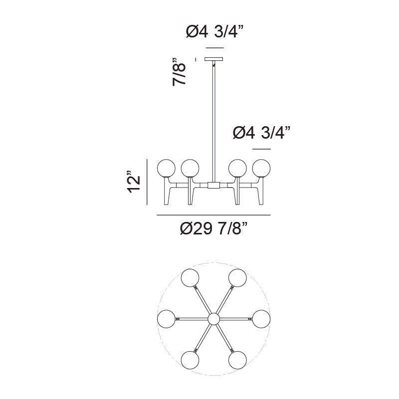 Matteo Lighting Scriben 30" 6-Light Chandelier – line drawing with dimensions
