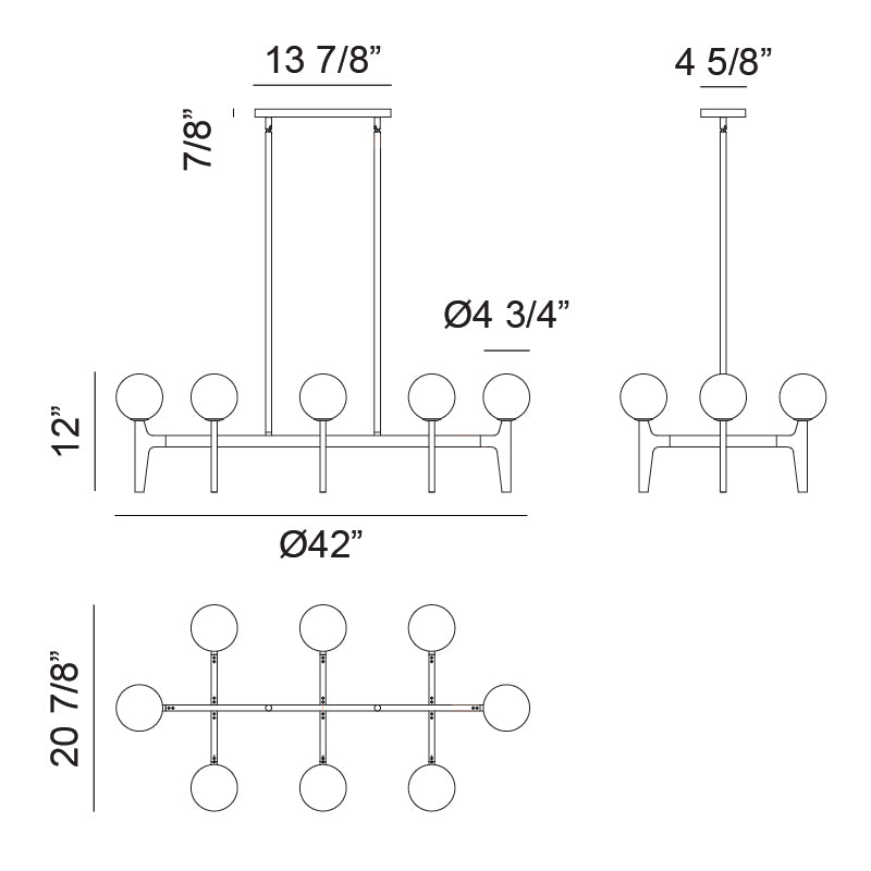 Matteo Lighting Scriben 42" 8-Light Linear Chandelier – line drawing with dimensions