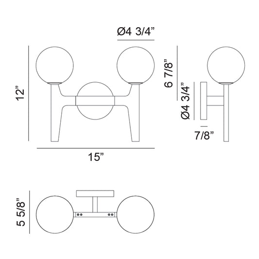 Matteo Lighting Scriben 15" 2-Light Bath Vanity Light – line drawing with dimensions