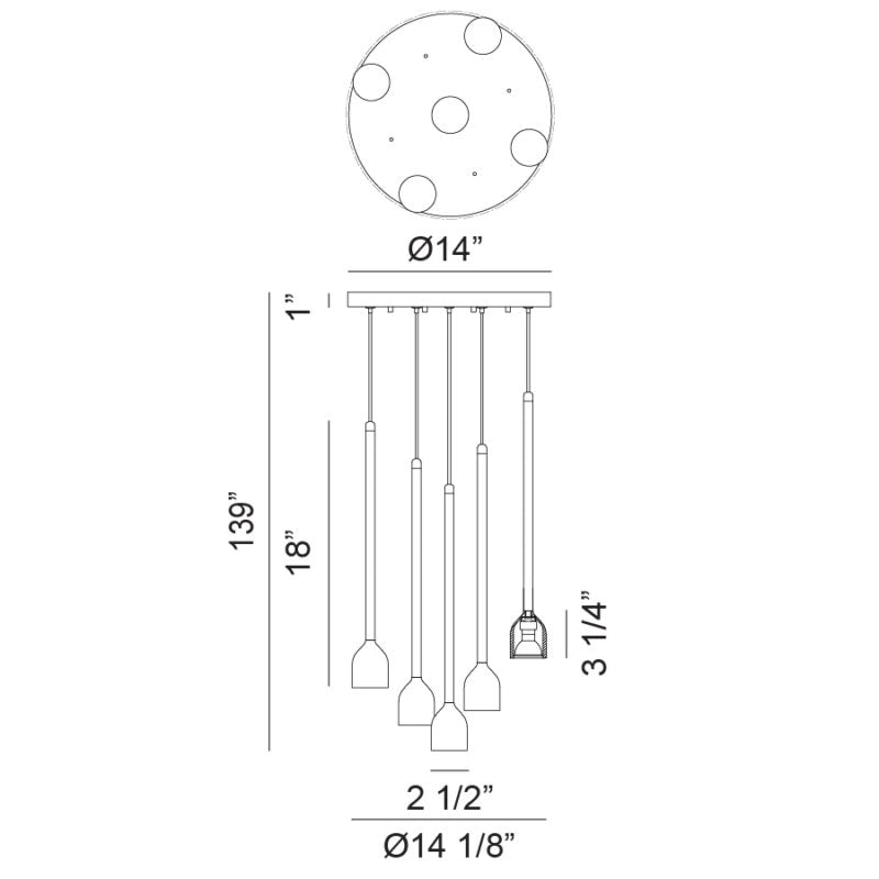 Matteo Lighting Lumenagio 5-Light Multi-Pendant – line drawing with dimensions