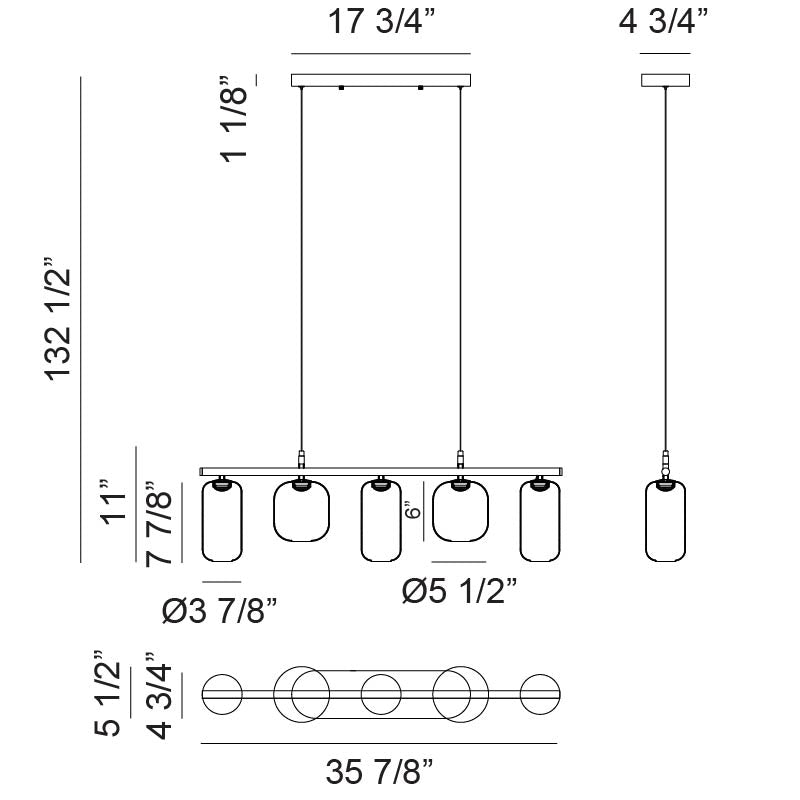 Matteo Lighting Refrax 36" 5-Light LED Linear Chandelier – line drawing with dimensions