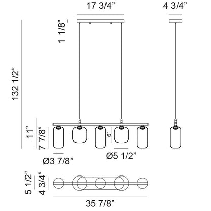 Matteo Lighting Refrax 36" 5-Light LED Linear Chandelier – line drawing with dimensions