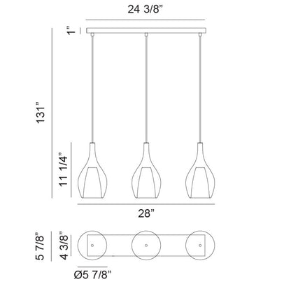 Matteo Lighting Jericho 28" 3-Light Linear Pendant – line drawing with dimensions