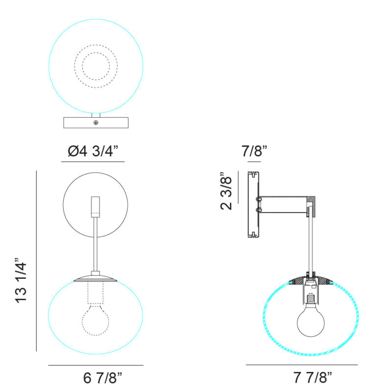 Matteo Lighting Bulbus 13" Wall Sconce – line drawing with dimensions