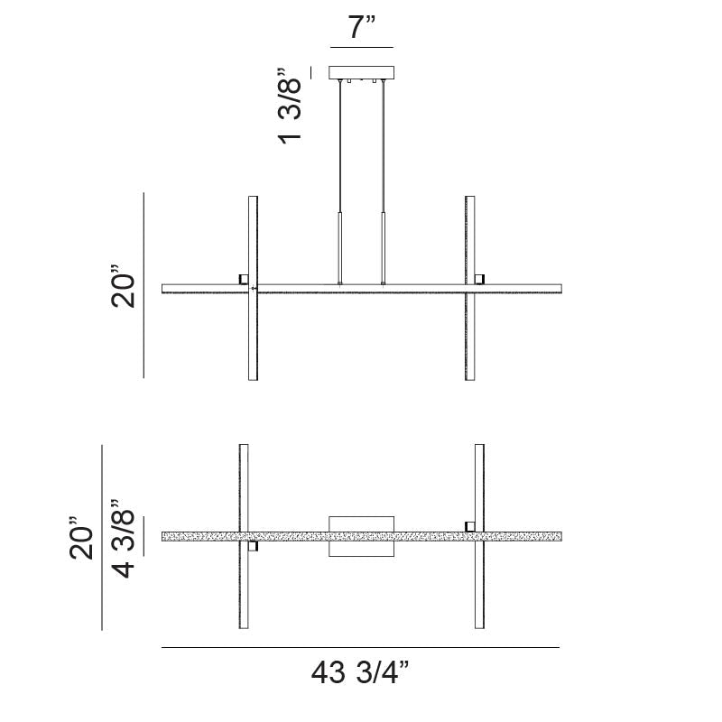 Matteo Lighting Crosley 44" 5-Light LED Linear Chandelier – line drawing with dimensions