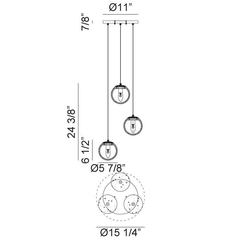 Matteo Lighting Nikini 15" 3-Light Pendant – line drawing with dimensions