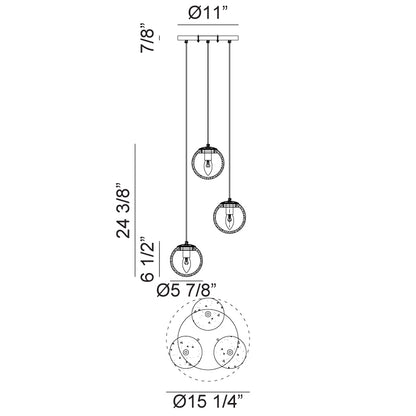 Matteo Lighting Nikini 15" 3-Light Pendant – line drawing with dimensions