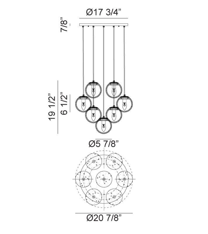 Matteo Lighting Nikini 21" 7-Light Pendant – line drawing with dimensions