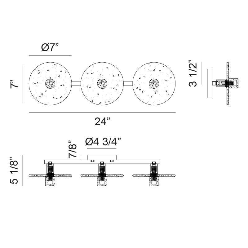 Matteo Lighting Monument 24" 3-Light Bath Vanity Light – line drawing with dimensions