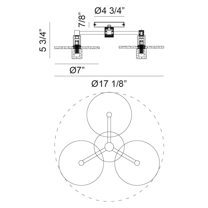 Matteo Lighting Monument 17" 3-Light Flush Mount – line drawing with dimensions